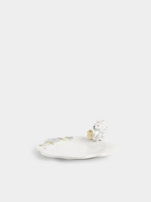 Ыдыс, 25 см, керамика, сүт түстес, Гүлдер арасындағы қоян мен балапан, Easter, image-1