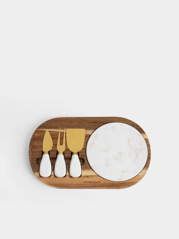 Ірімшікке арналған жиынтық, 5 зат, тұғырдағы ыдыс, болат/мәрмәр/ағаш, алтын түстес, Cheese gold, image-1