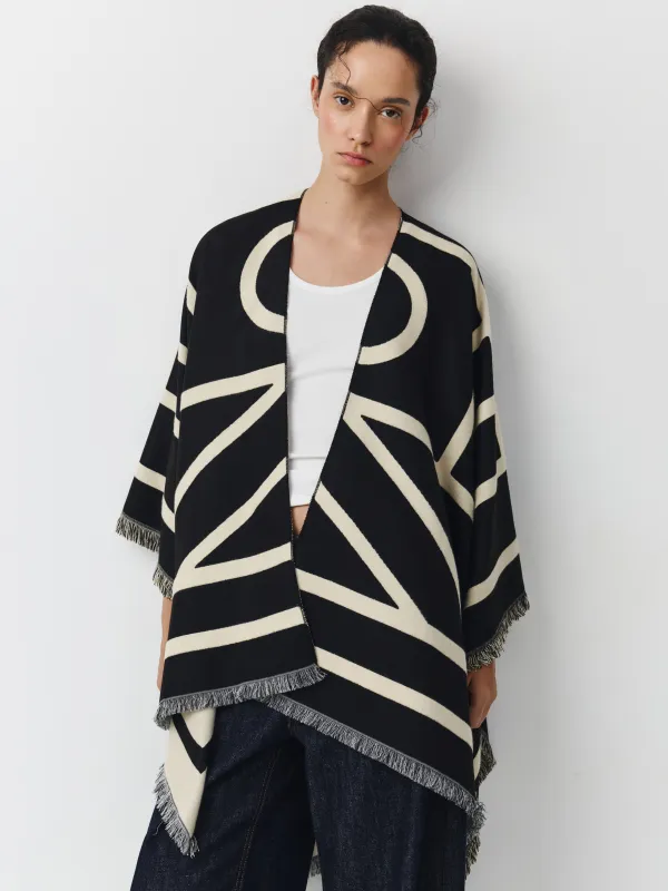 Пончо с бахромой, двустороннее, молочно-черное, Poncho, image-2