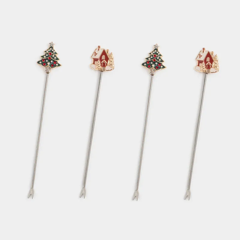 Шпажка для канапе, 12 см, 4 шт, металл, золотистая/зеленая, Дом/Елка, Christmas house