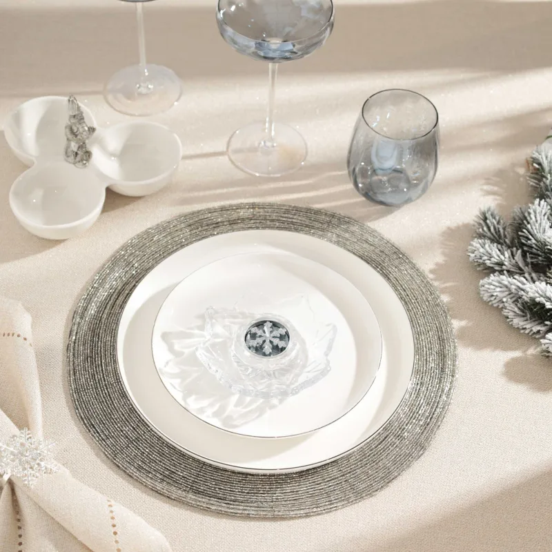 Салфетка под приборы, 36 см, бисер, круглая, светло-серебристая, Shiny beads, image-3