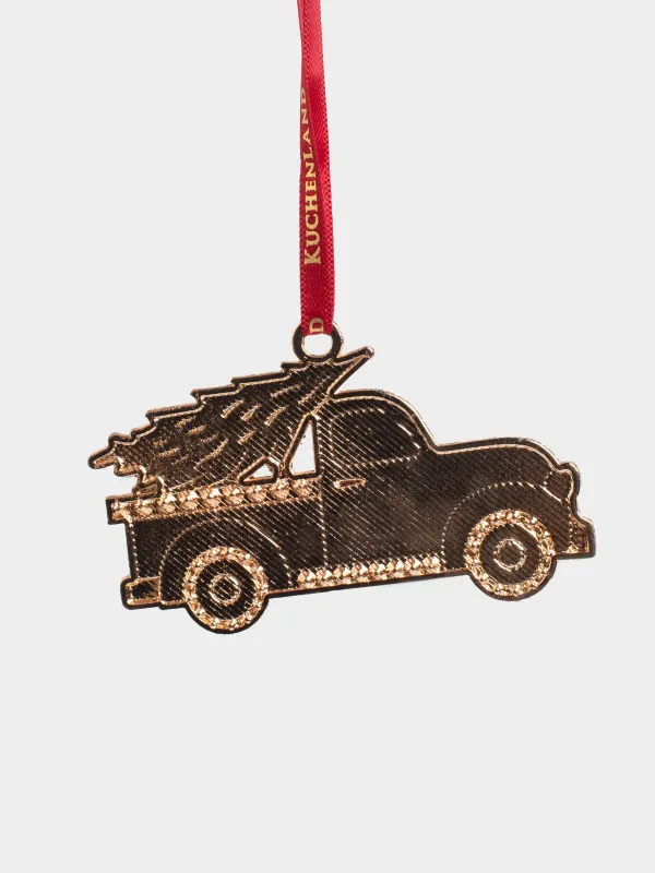 Игрушка елочная, 8 см, металл/стразы, зелено-красная, Пикап с елкой, Figure christmas, image-1