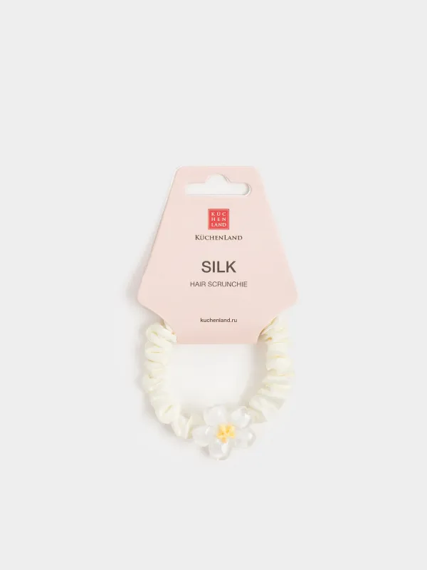 Резинка для волос, 8 см, сатин/пластик, молочная, Цветок, Silk, image-1