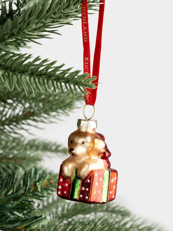 Шырша ойыншығы, 4 см, шыны, жылтырақтары бар, алтын және қызыл, Ит, Figure christmas, image-3