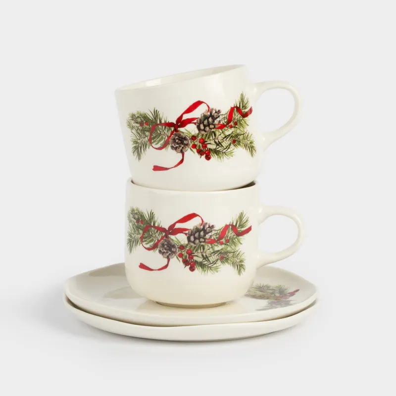 Пара чайная, 2 перс, 4 пр, 250 мл, фарфор N, белая, Шишки и рябина, Rowan delice