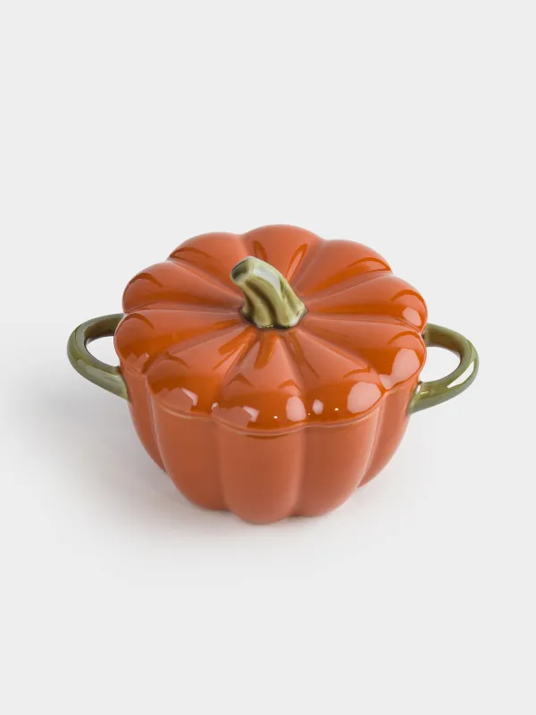 Кокотница, 11 см, 340 мл, с крышкой, керамика, оранжево-зеленая, Тыква, Gourd, image-1