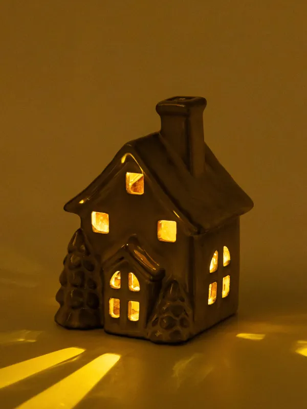 Мүсінше, жарықтандырылған, 12 см, фарфор Р, сүт түстес және қоңыр, Шыршалары бар үй, House shape, image-3