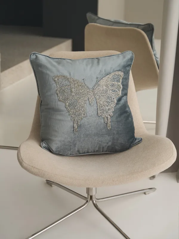 Сәндік жастық, 50х50 см, барқыт/моншақ, сұр, көбелек, Bugs, image-3