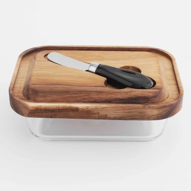 Масленка, 18 см, с ножом, стекло/дерево/сталь, прямоугольная, Noble tree