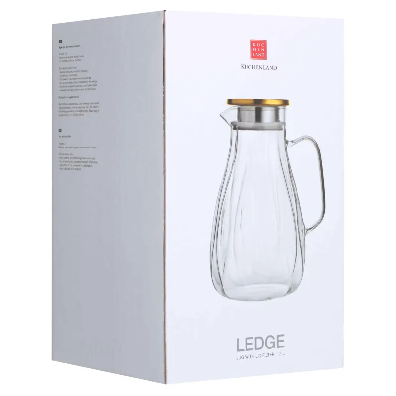 Кувшин, 2 л, с крышкой-фильтром, стекло Б/сталь, Ledge, image-2