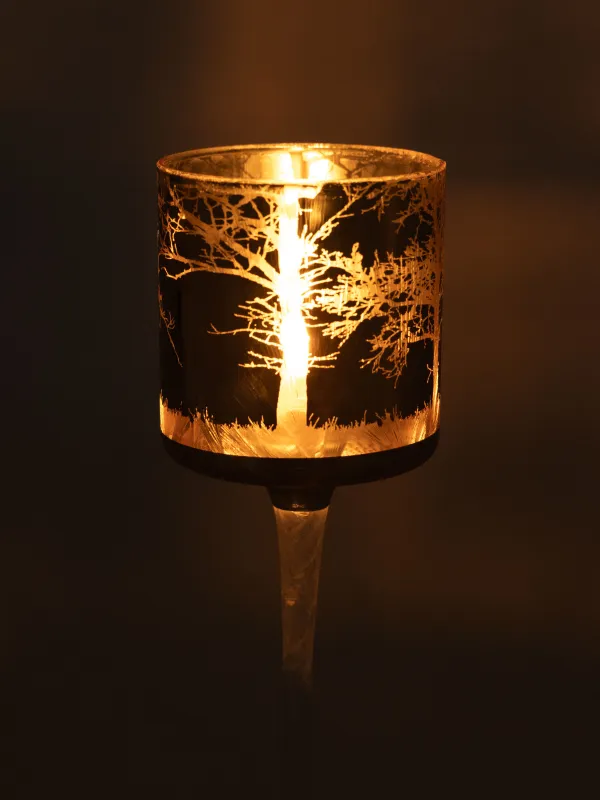 Подсвечник, 20 см, для чайной свечи, на ножке, стекло, шампань, Олени в лесу, Winter deer, image-7