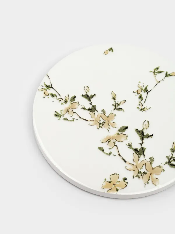 Подставка под кружку, 11 см, керамика/пробка, круглая, белая, Цветы, Florin, image-2