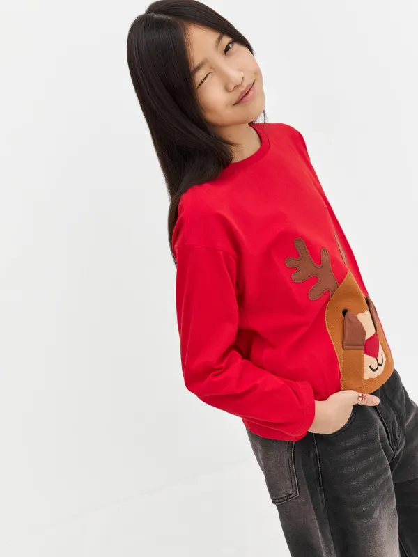 Балаларға арналған лонгслив, өлшемі 104 см, мақта, қызыл, Бұғы, Amelia, image-2