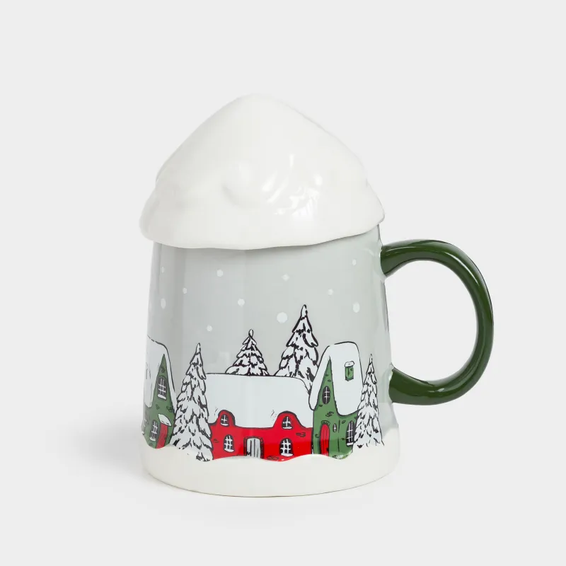Кружка, 350 мл, с крышкой, фарфор N, серо-зеленая, Дома в снежном лесу, Forest house