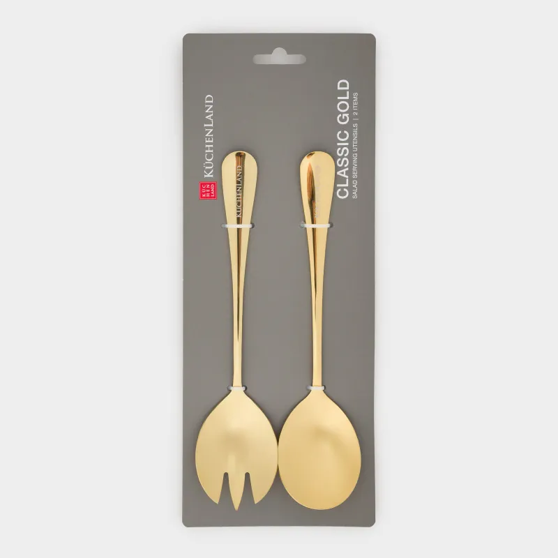 Салат ұсынуға арналған құрылғылар, 20 см, 2 зат, қасық/шанышқы, болат, алтын, Classic gold, image-4