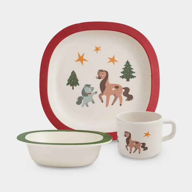 Ыдыс-аяқ жинағы, балаларға арналған, 3 дана, бамбук, қызыл-жасыл, Шыршасы бар жылқылар, Little horse