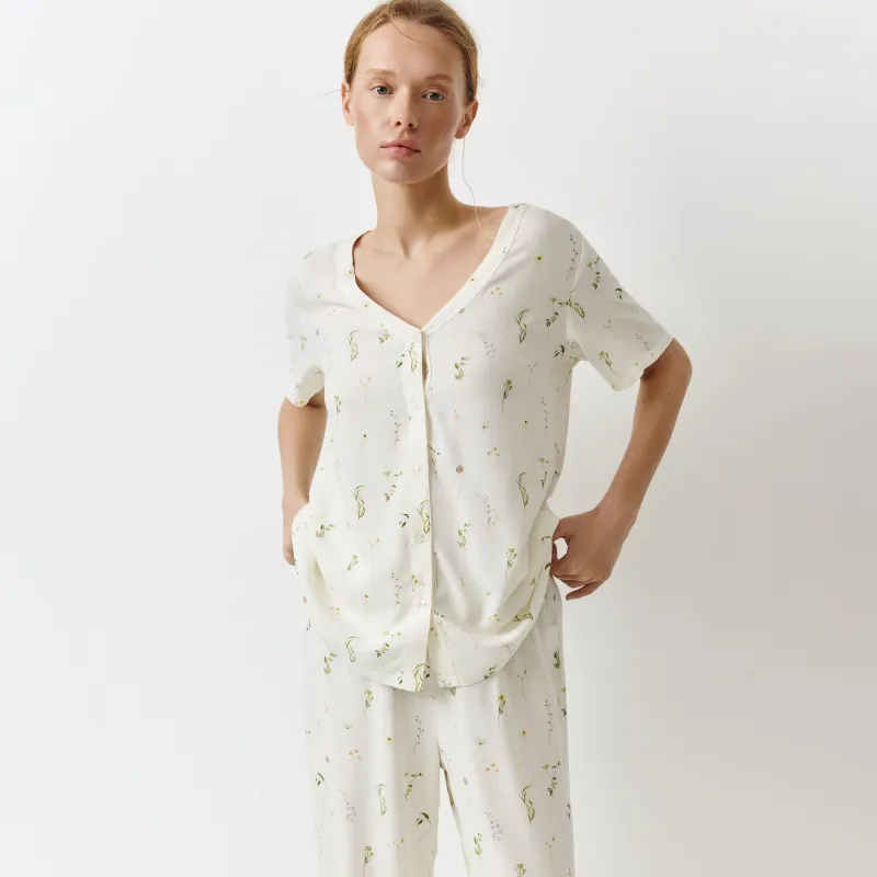 Әйелдер жейдесі, үйге арналған, өлшемі L, қысқа жеңді, вискоза, сүт түстес, Wildflowers, Amina