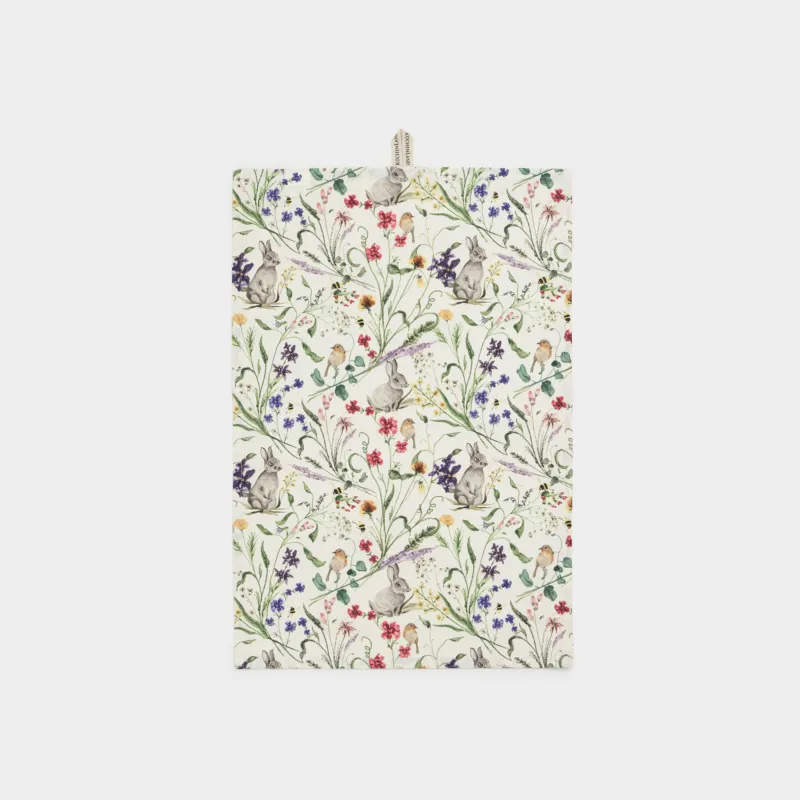 Полотенце кухонное, 40х60 см, хлопок, бежевое, Кролики в цветах, Rabbit in flowers