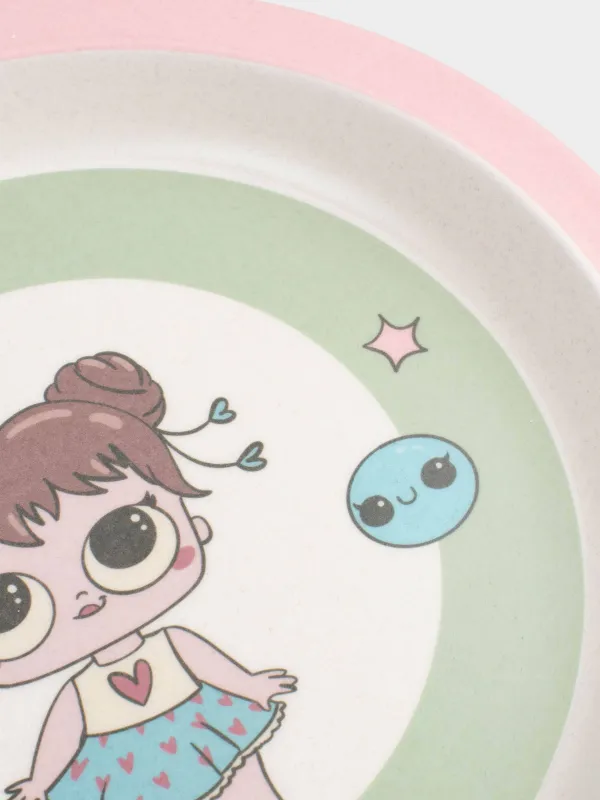 Тарелка закусочная, детская, 21 см, бамбук, розово-зеленая, Девочка в платье, Sweet loli, image-2
