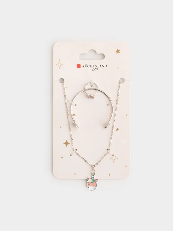 Зергерлік бұйымдар жиынтығы, 3 зат, балаларға арналған, шынжыр/білезік/сақина, металл, Бір мүйізді, Unicorn, image-5