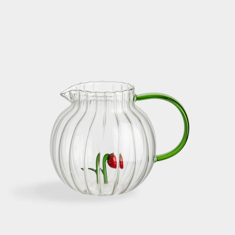 Кувшин, 1,3 л, стекло Б, зеленая ручка, Клубника, Camellia decor