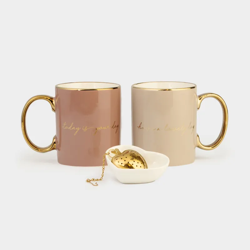 Кружка, 350 мл, 2 шт, с ситом на подставке, фарфор N/сталь, коричневая/бежевая, Scroll