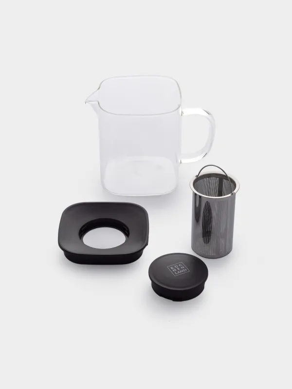 Чайник заварочный, 1 л, стекло Б/пластик, квадратный, черный, Comfort, image-3