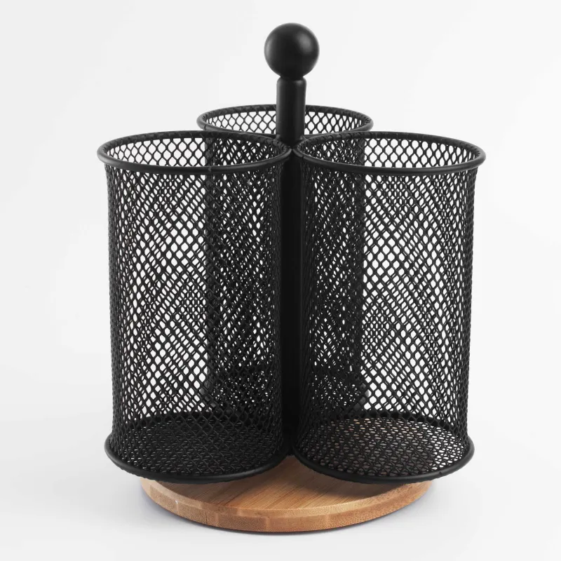 Подставка для кухонных принадлежностей, 15 см, 3 отд, с ручкой, металл/бамбук, черная, X-Loft, image-0