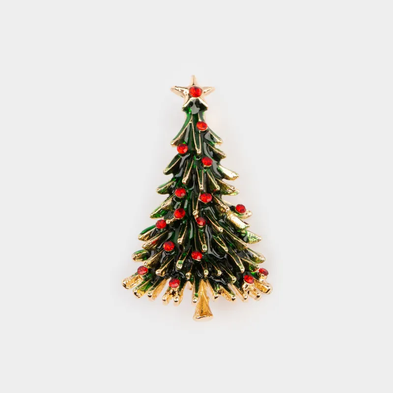 Брошь, 4 см, металл/стразы, зеленая, Елка, Jewelry christmas