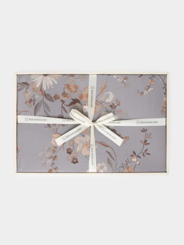 КПБ евро, тенсель 300 ТС, серый, Цветы и листья, Tencel, image-6