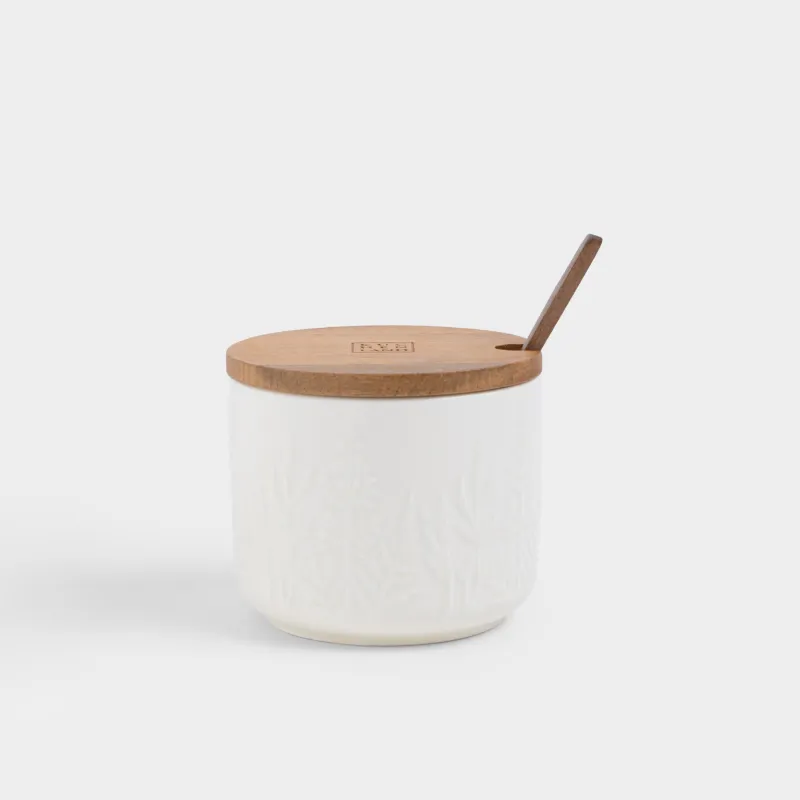 Сахарница, 10 см, 600 мл, с ложкой, керамика/дерево, молочная, Ветви, Forest ode