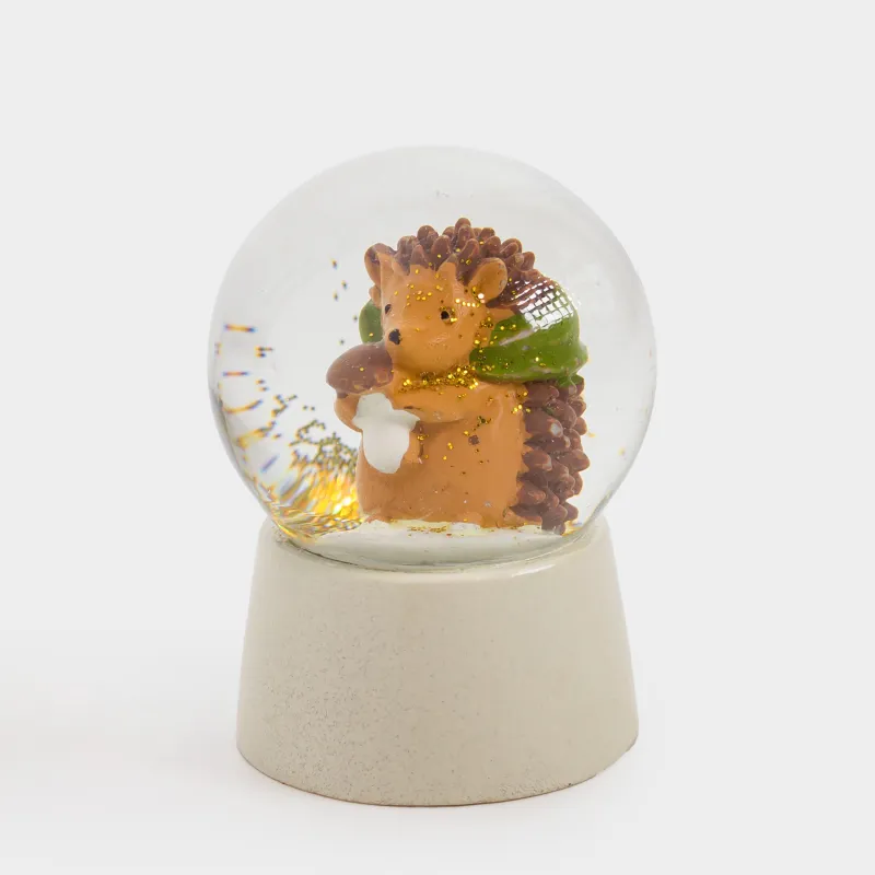 Қарлы шар, 6 см, шыны/полирезин, сүт түстес, Саңырауқұлағы бар кірпі, Forest animals