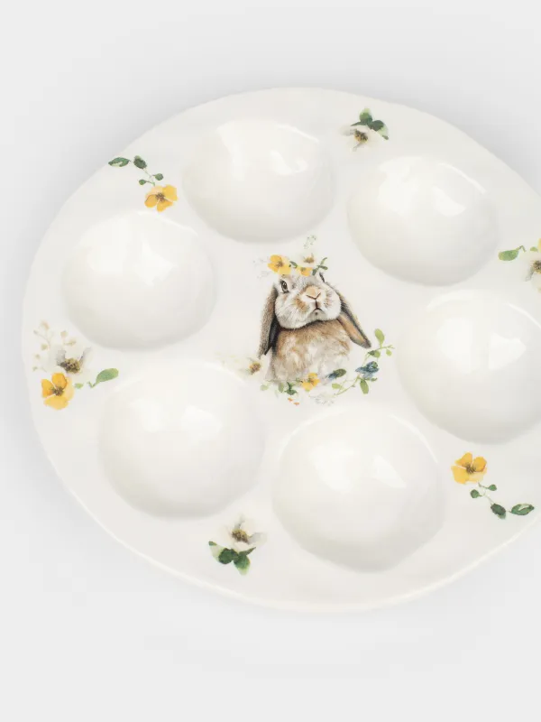 Пасха ыдысы, 18 см, 6 бөлім, керамика, ақ, Гүлдері бар қоян, Natural Easter, image-3