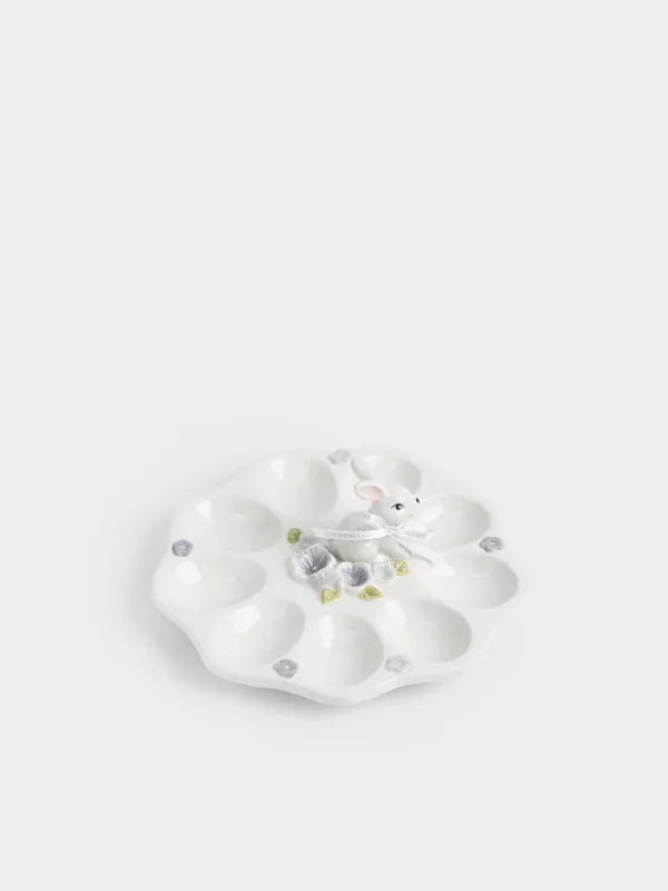 Пасха ыдысы, 22х9 см, 9 бөлім, керамика, сүт түстес және сұр, Гүлдер арасындағы қоян, Easter, image-4