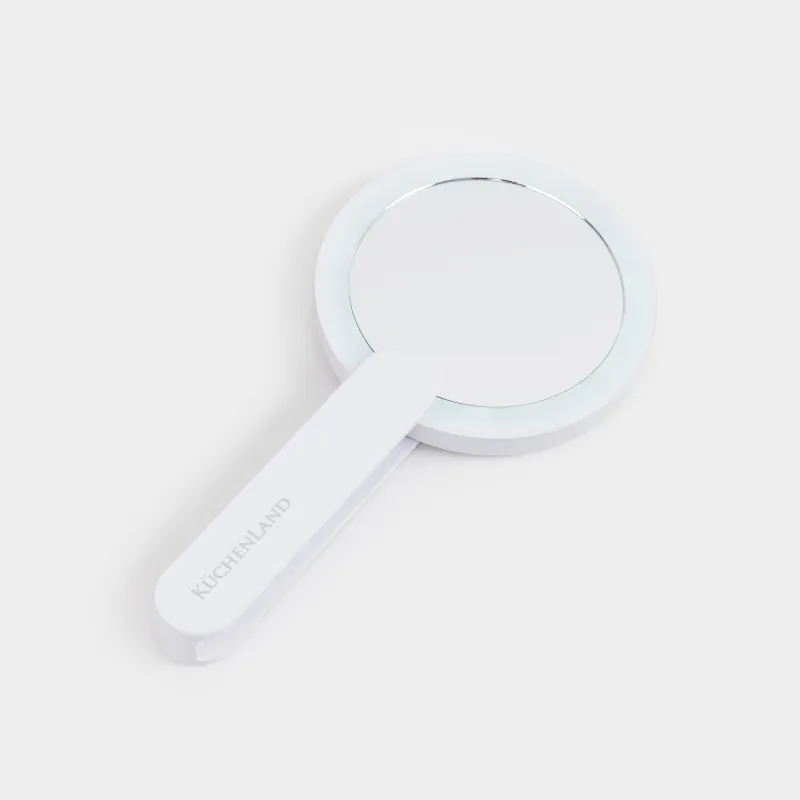 Зеркало карманное, 10 см, увеличительное, с подсветкой, ручка-подставка, пластик, белое, Vesta, image-1