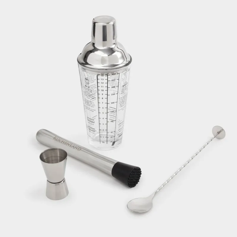 Коктейльдерді дайындауға арналған жиынтық, 4 зат, шейкер/джиггер/бар қасығы/мадлер, шыны/болат, Bar