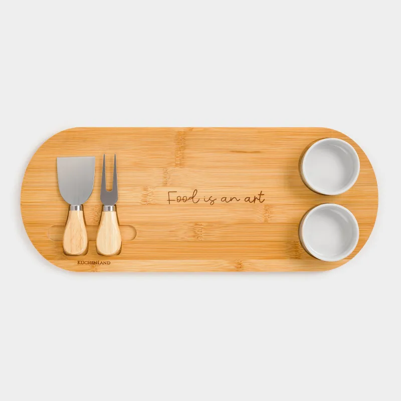 Набор для сыра, 5 пр, доска-блюдо/пиала, сталь/керамика/бамбук, Cheese, image-1