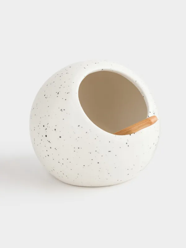 Тұзға арналған ыдыс, 13 см, қасығы бар, керамика, ақ, дақты, Speckled black, image-2