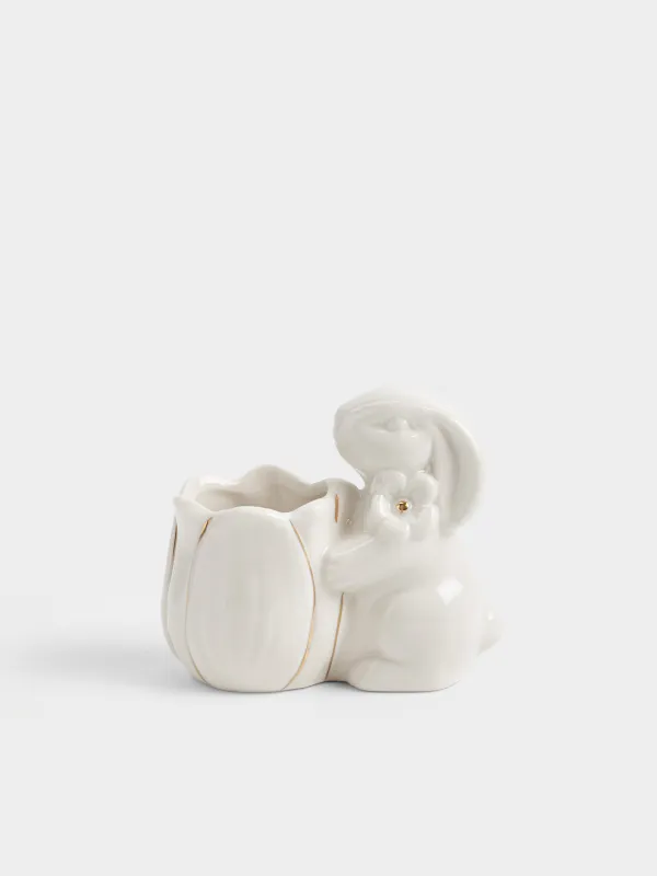 Подставка для зубочисток, 9 см, фарфор P, молочно-золотистая, Кролик с цветком, Flora Easter, image-0