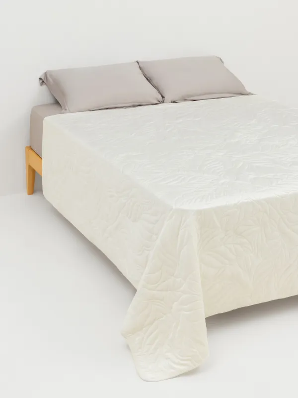 Төсек жапқыш, 220x240 см, қаланған, барқыт/микроталшық, сүтті, жапырақтар, Stitch velvet, image-0