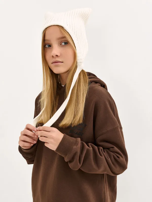 Шапка детская, единый размер, с завязками, вискоза/полиэстер/нейлон, экрю, Ушки, Knitting, image-0