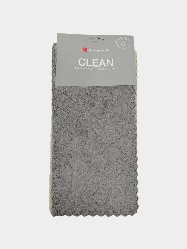 Тряпка для кухни, 30х30 см, 2 шт, микрофибра, бежевая/серая, Ворс с узорами, Clean, image-0