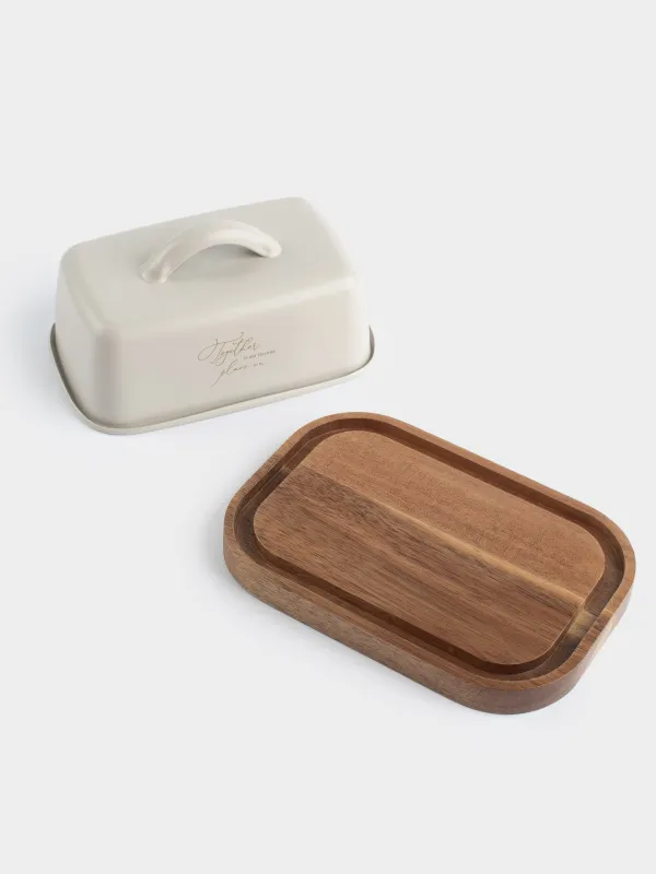 Сары май ыдысы, 17 см, керамика/тікбұрышты ағаш, сүт түстес, Ritlen, image-2