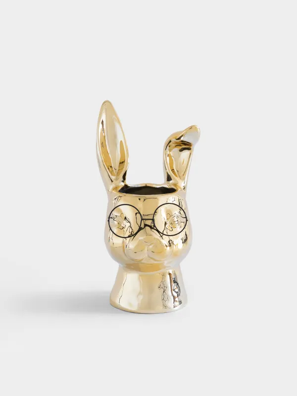 Гүл вазасы, 30 см, сәндік, фарфор P/металл, алтын түстес, Көзілдірік киген қоян, Rabbit gold, image-0