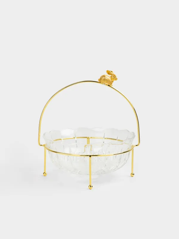 Жеміс вазасы, 23х9 см, тұғырда, тұтқасы бар, шыны/металл, алтын түстес, Қоян, Rabbit gold, image-0