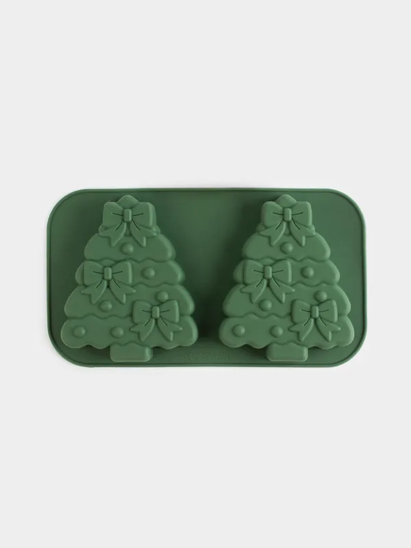 Кекстерді пісіруге арналған қалып, 27х15 см, 2 бөлім, силикон, жасыл, Бантиктері бар шыршалар, Bakery color, image-0