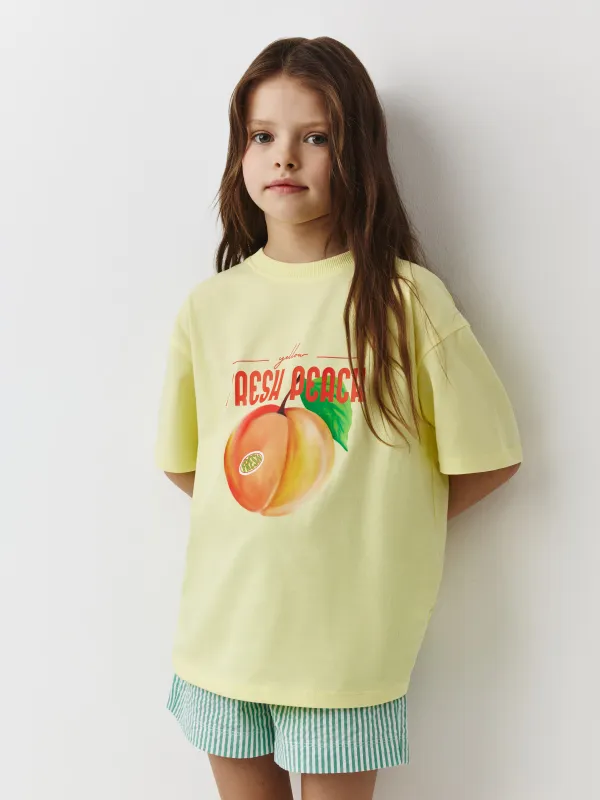 Балалар футболкасы, 122 см, қыздарға арналған, мақта, сары, Шабдалы, Otilia, image-0