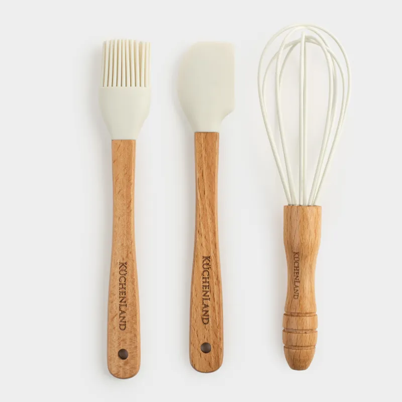 Набор для выпечки, 3 пр, лопатка/венчик/кисть, силикон/дерево, молочный, Bakery