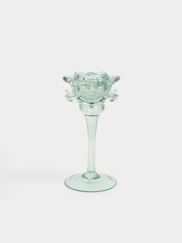 Шам ұстағыш, 17 см, шай/жіңішке шамға арналған, аяқты, шыны, жасыл, Лотос, Fleur color, image-0