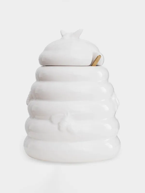 Балға арналған құты, 650 мл, қасықпен, керамика/болат, сүт түстес, аралар, Honey, image-1